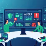 Immagine virtuale che mostra il disegno stilizzato di una sala operativa con operatori al lavoro su diversi computer per controllare la sicurezza informatica.