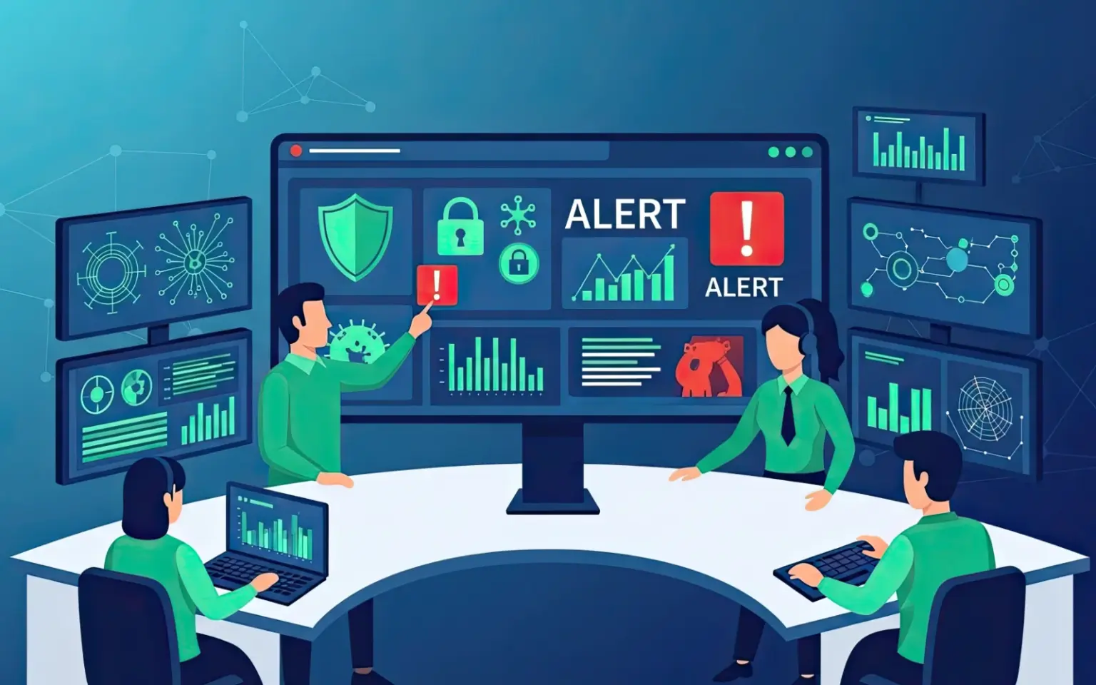 Immagine virtuale che mostra il disegno stilizzato di una sala operativa con operatori al lavoro su diversi computer per controllare la sicurezza informatica.