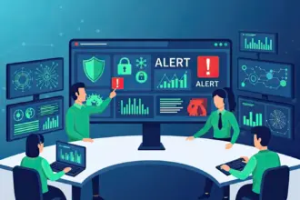 Immagine virtuale che mostra il disegno stilizzato di una sala operativa con operatori al lavoro su diversi computer per controllare la sicurezza informatica.