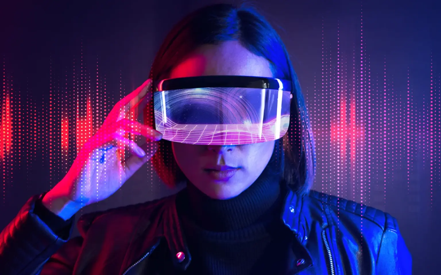 Immagine virtuale di ragazza vista frontalmente che indossa un visore per la realtà virtuale.