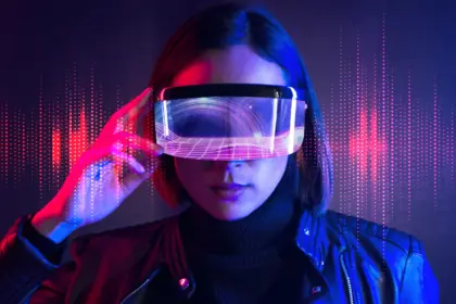 Immagine virtuale di ragazza vista frontalmente che indossa un visore per la realtà virtuale.