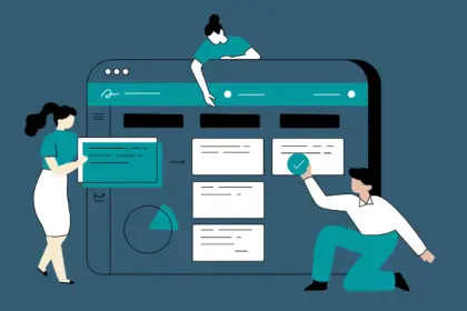 Immagine virtuale di un team di persone che lavora all'impostazione di un sito web sullo schermo di un computer
