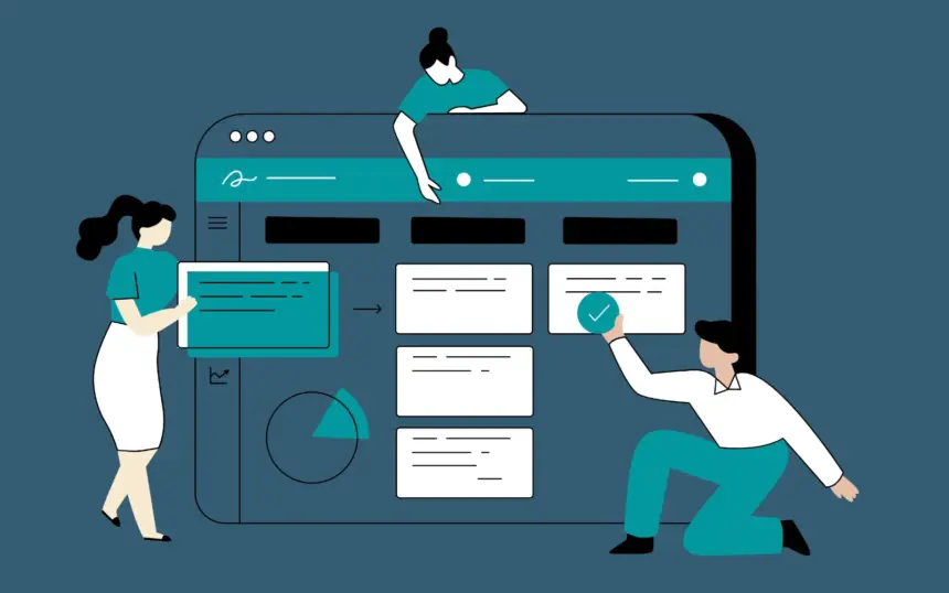 Immagine virtuale di un team di persone che lavora all'impostazione di un sito web sullo schermo di un computer